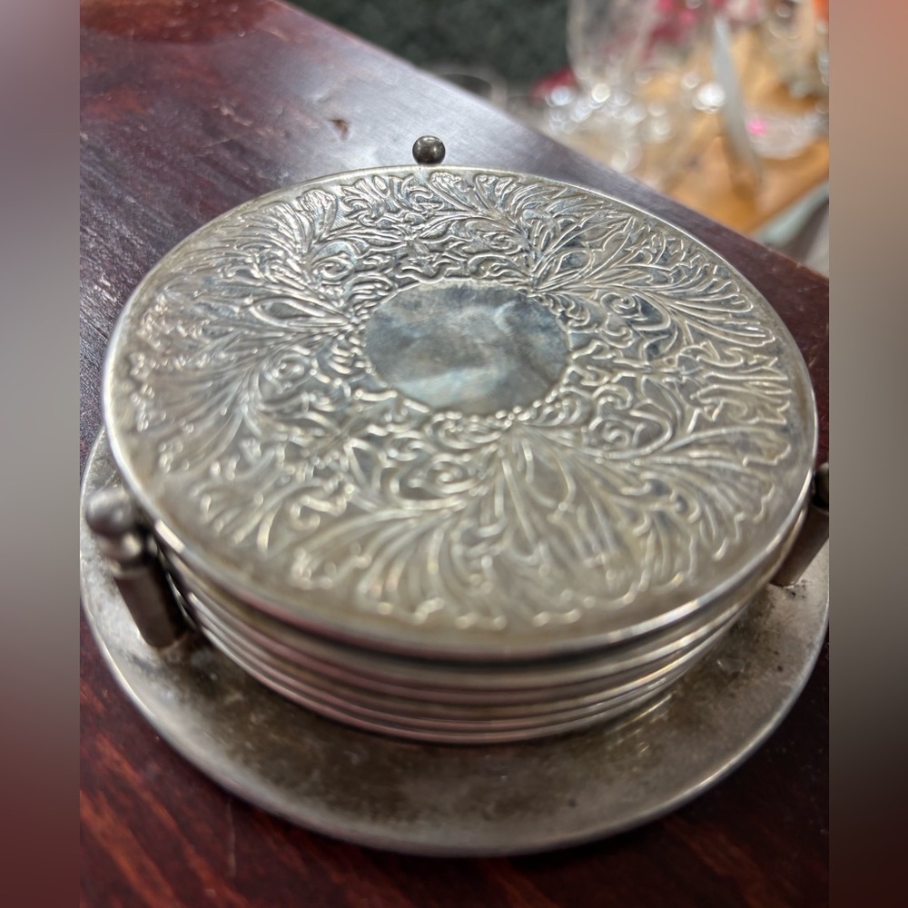 6 Vintage Silver Plated Coasters With Matching Coaster Holder